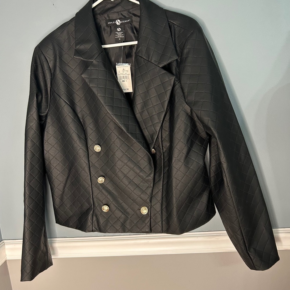 Ashley Stewart Black Quilted Faux Leather Double Breasted Blazer Size 12 NEW